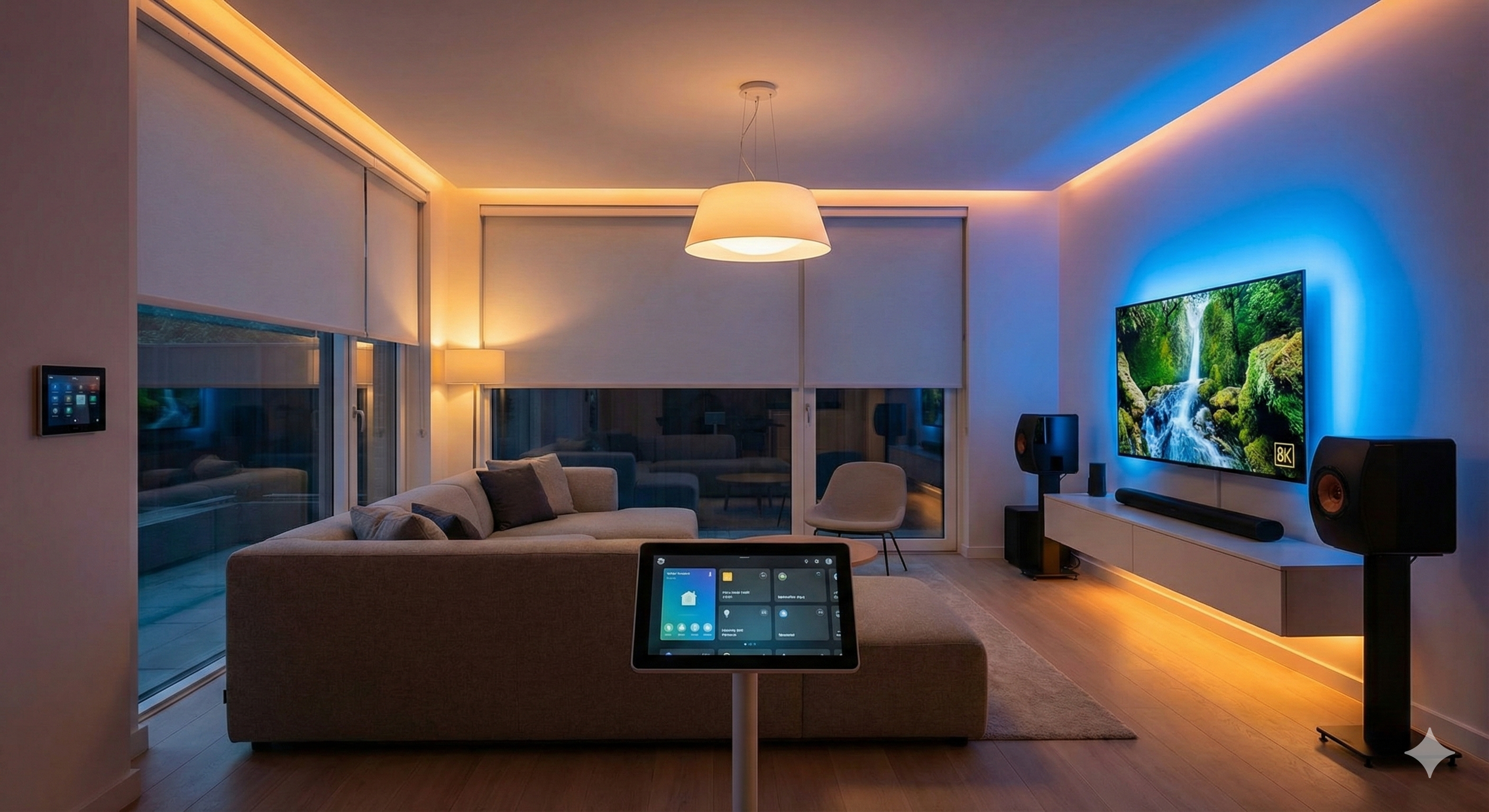 Modern living room with smart lighting and speakers